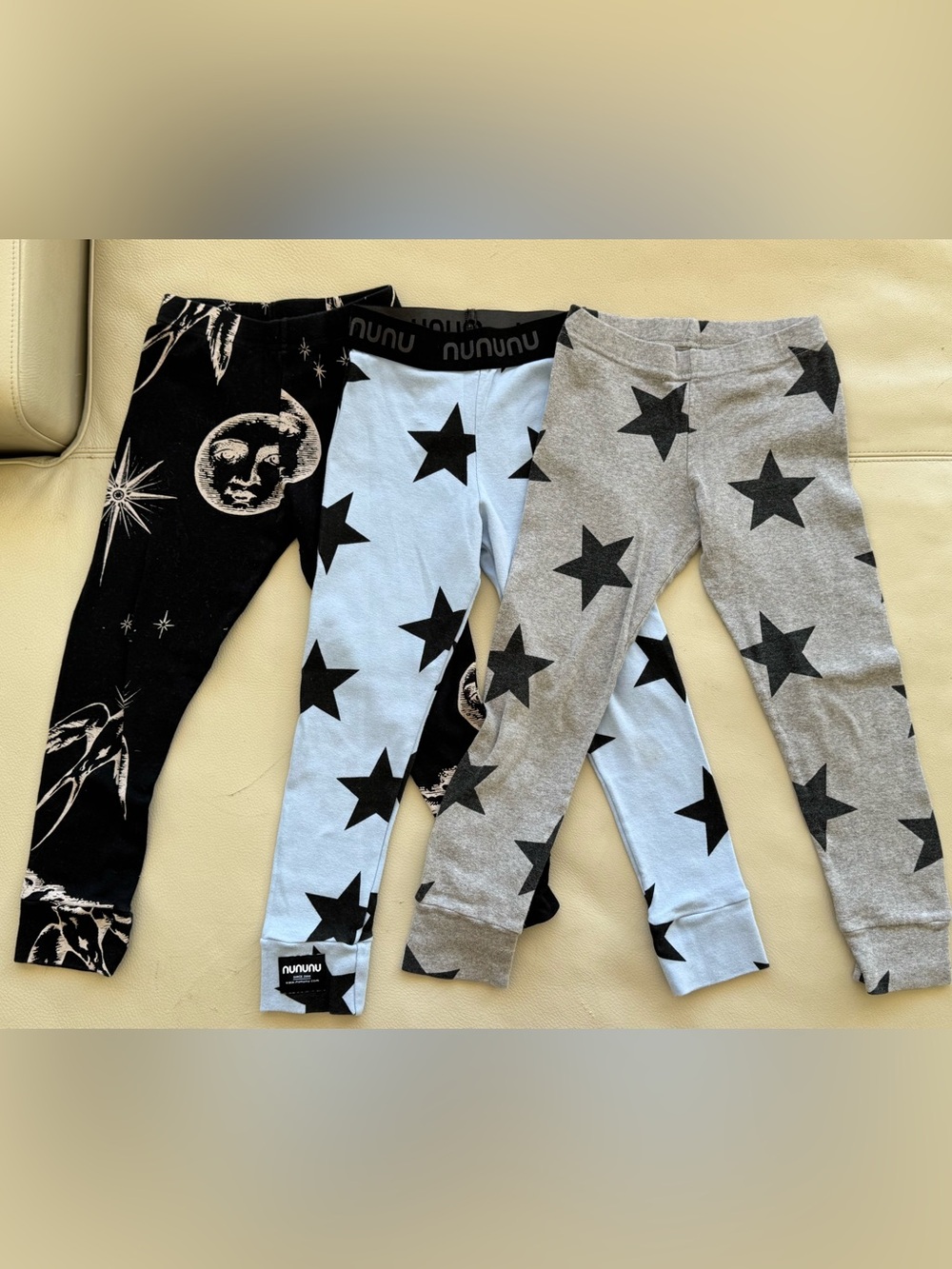 Lot 3 NUNUNU Kids Light Blue, Gray & Black Star Leggings Trio - size 4-5